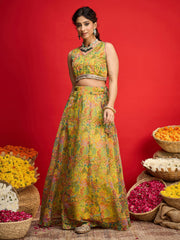 Women Yellow Chanderi Crop Top With Aanrkali Skirt-SHSET96595