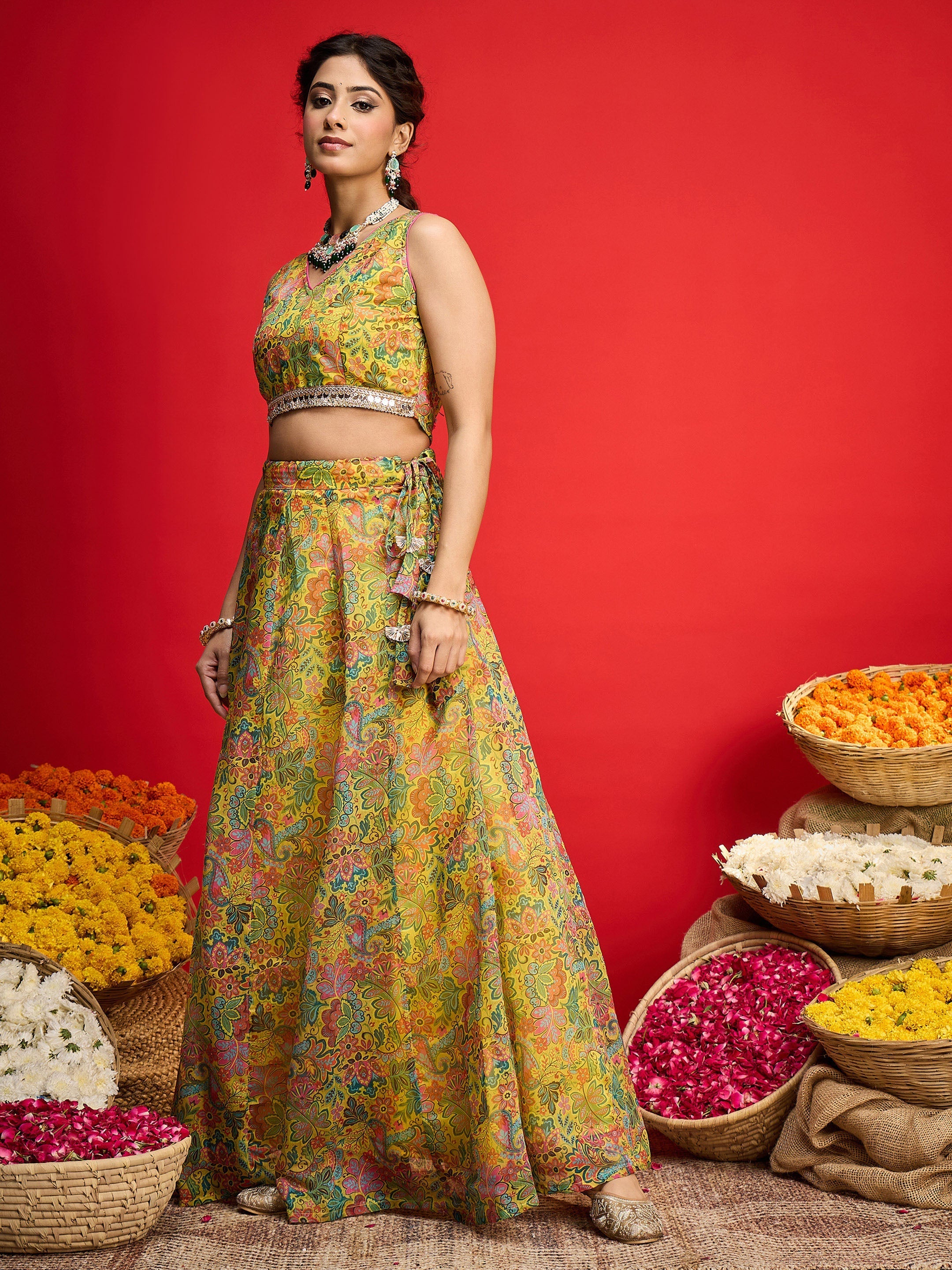 Women Yellow Chanderi Crop Top With Aanrkali Skirt-SHSET96595