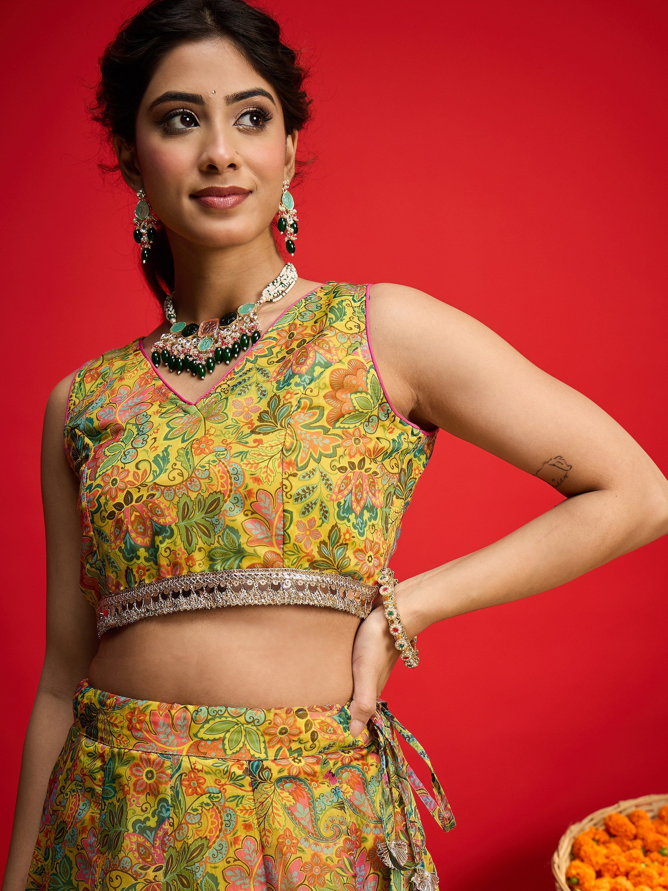 Women Yellow Chanderi Crop Top With Aanrkali Skirt-SHSET96595