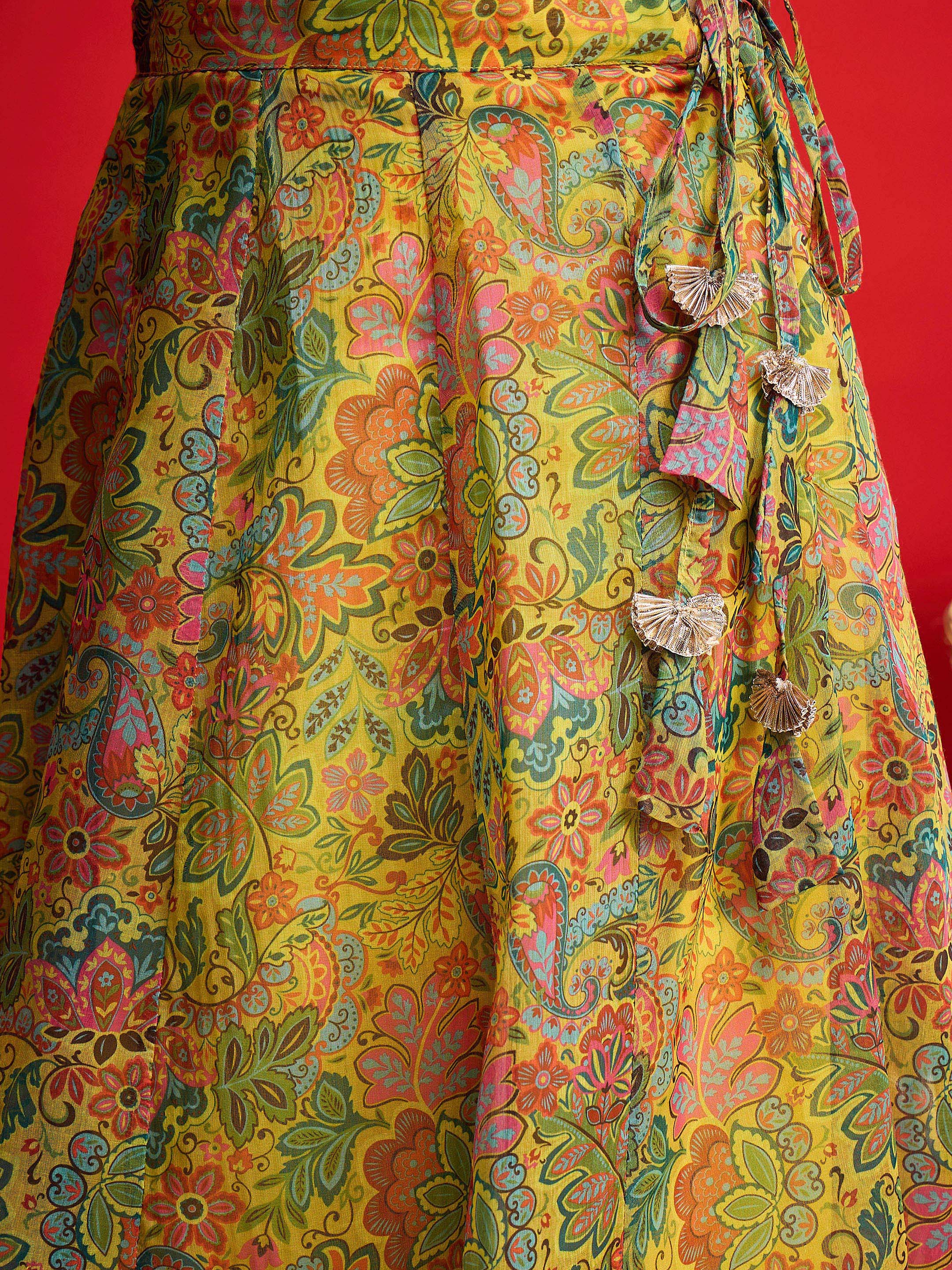 Women Yellow Chanderi Crop Top With Aanrkali Skirt-SHSET96595