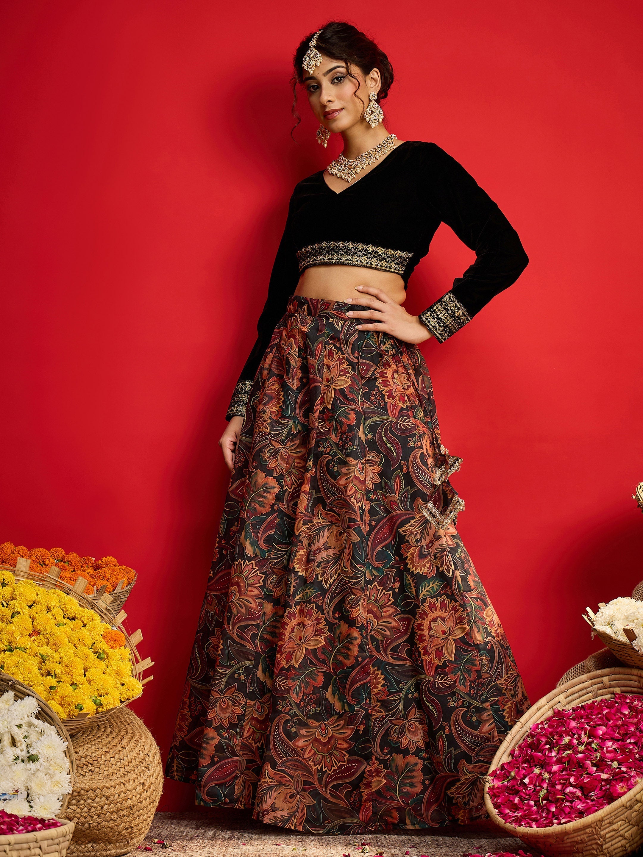Women Black Velvet Full Sleeves Crop Top With Anarkali Skirt-SHSET96596