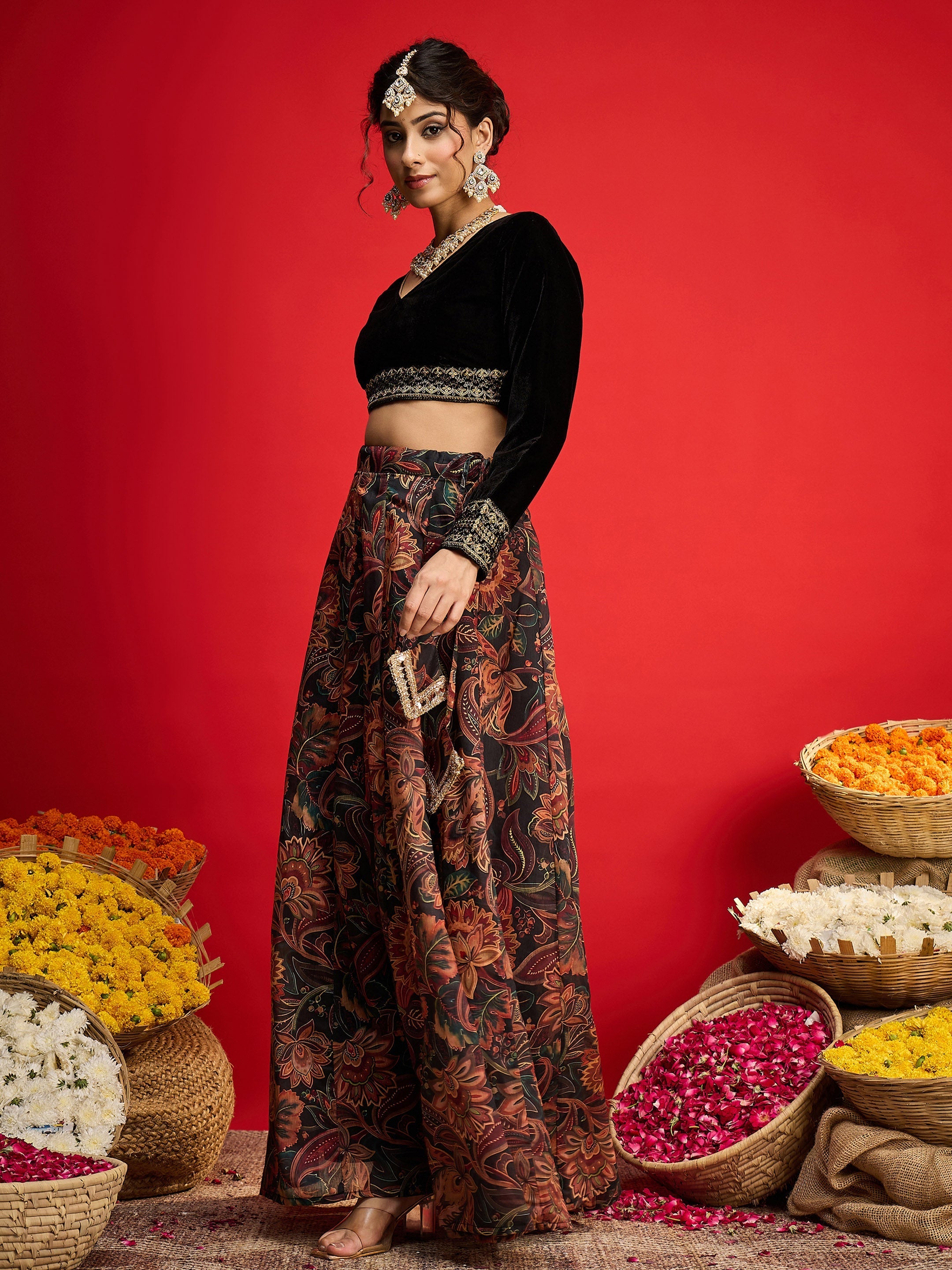 Women Black Velvet Full Sleeves Crop Top With Anarkali Skirt-SHSET96596
