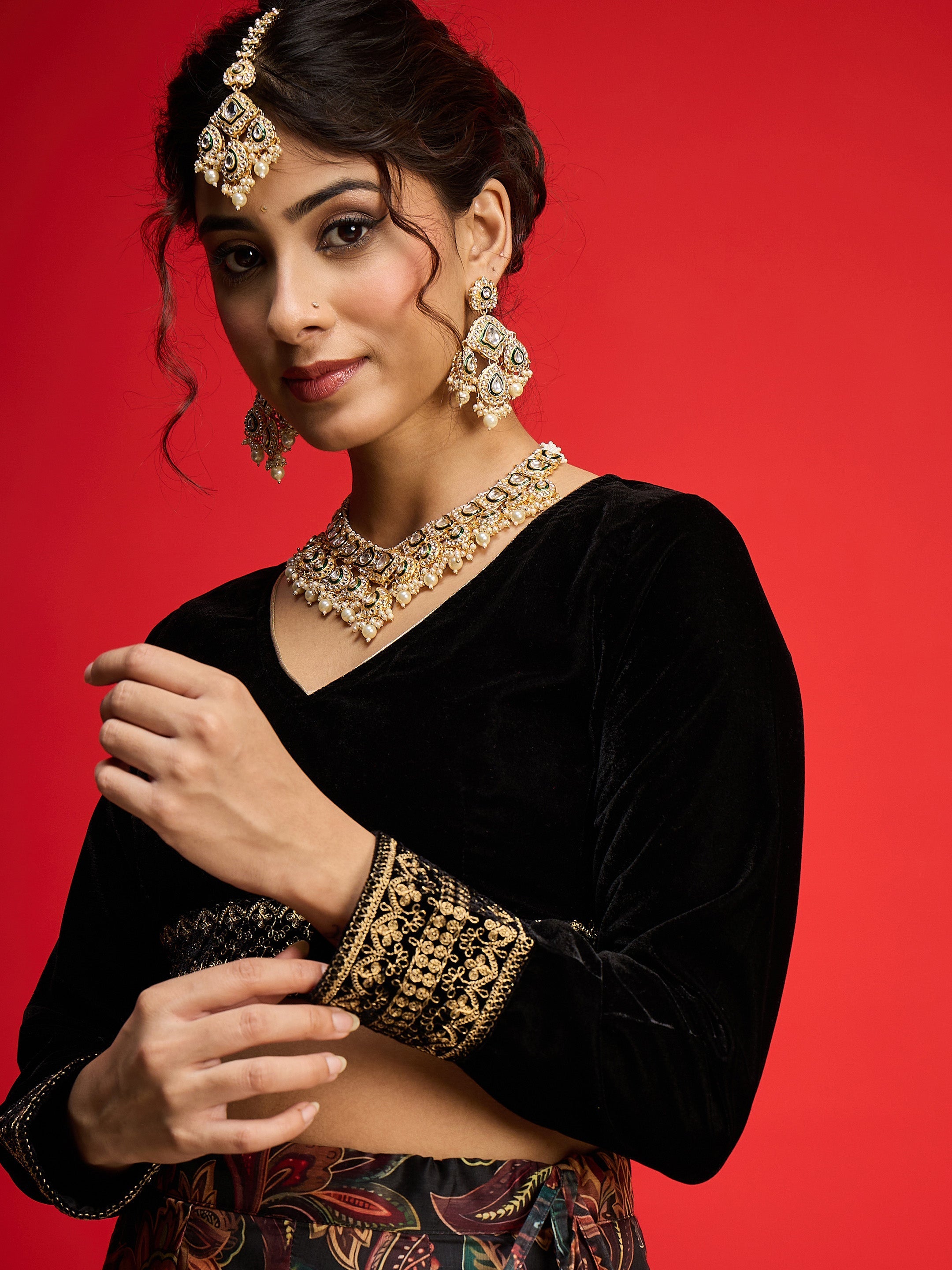Women Black Velvet Full Sleeves Crop Top With Anarkali Skirt-SHSET96596