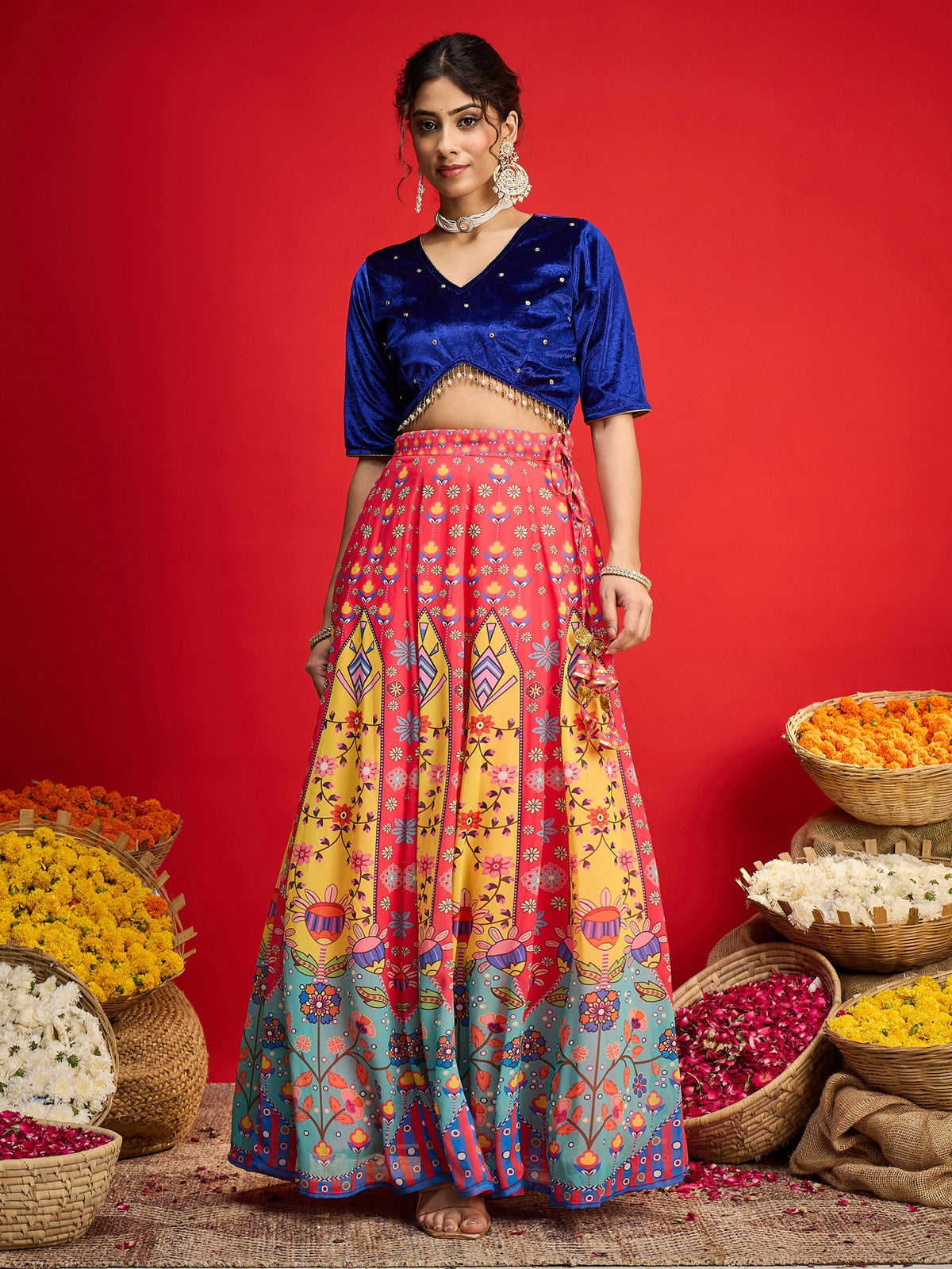 Women Blue Velvet Crop Top With Anarkali Skirt-SHSET96597