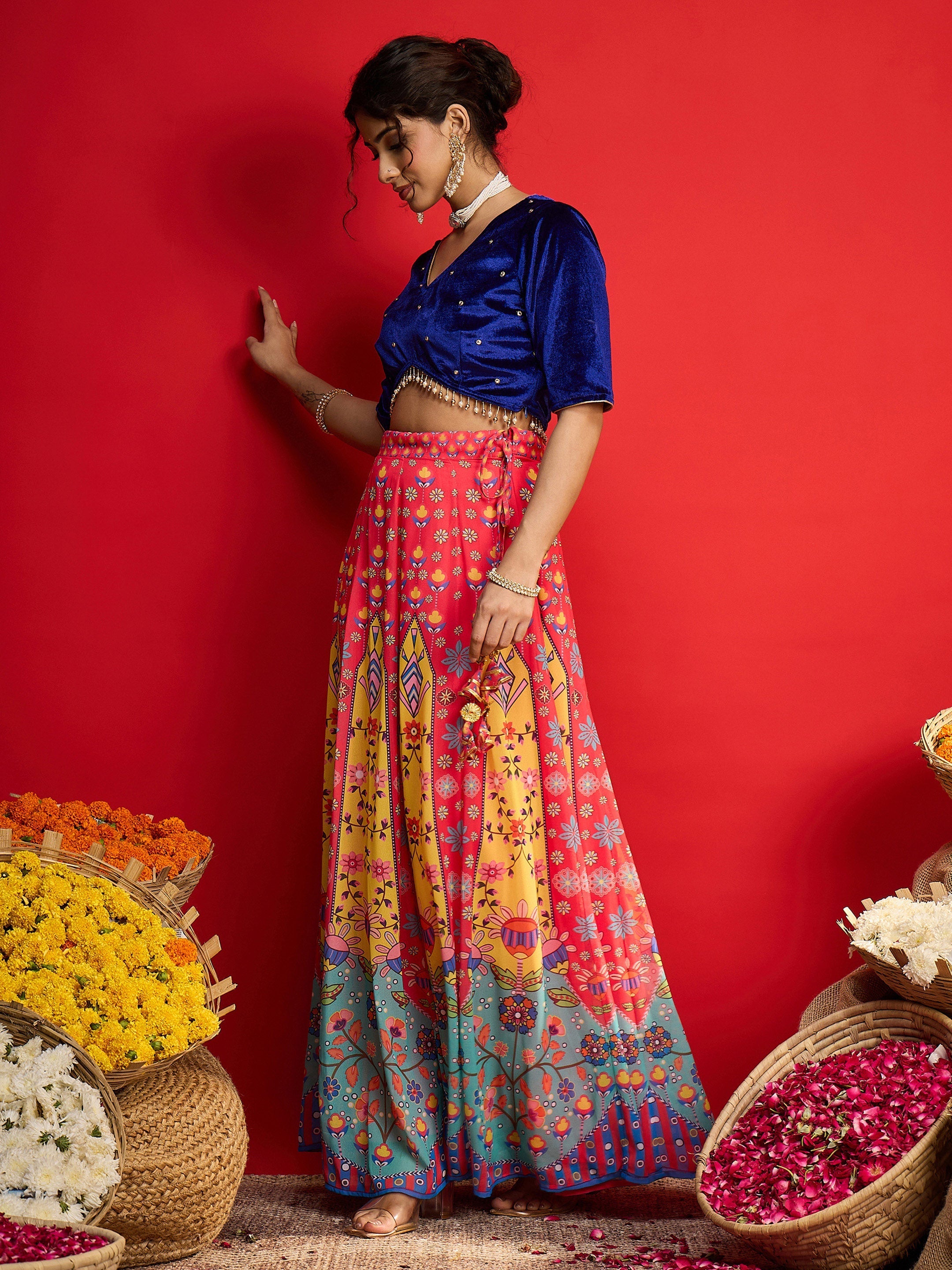Women Blue Velvet Crop Top With Anarkali Skirt-SHSET96597