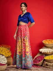 Women Blue Velvet Crop Top With Anarkali Skirt-SHSET96597
