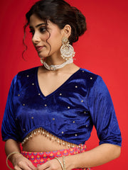 Women Blue Velvet Crop Top With Anarkali Skirt-SHSET96597