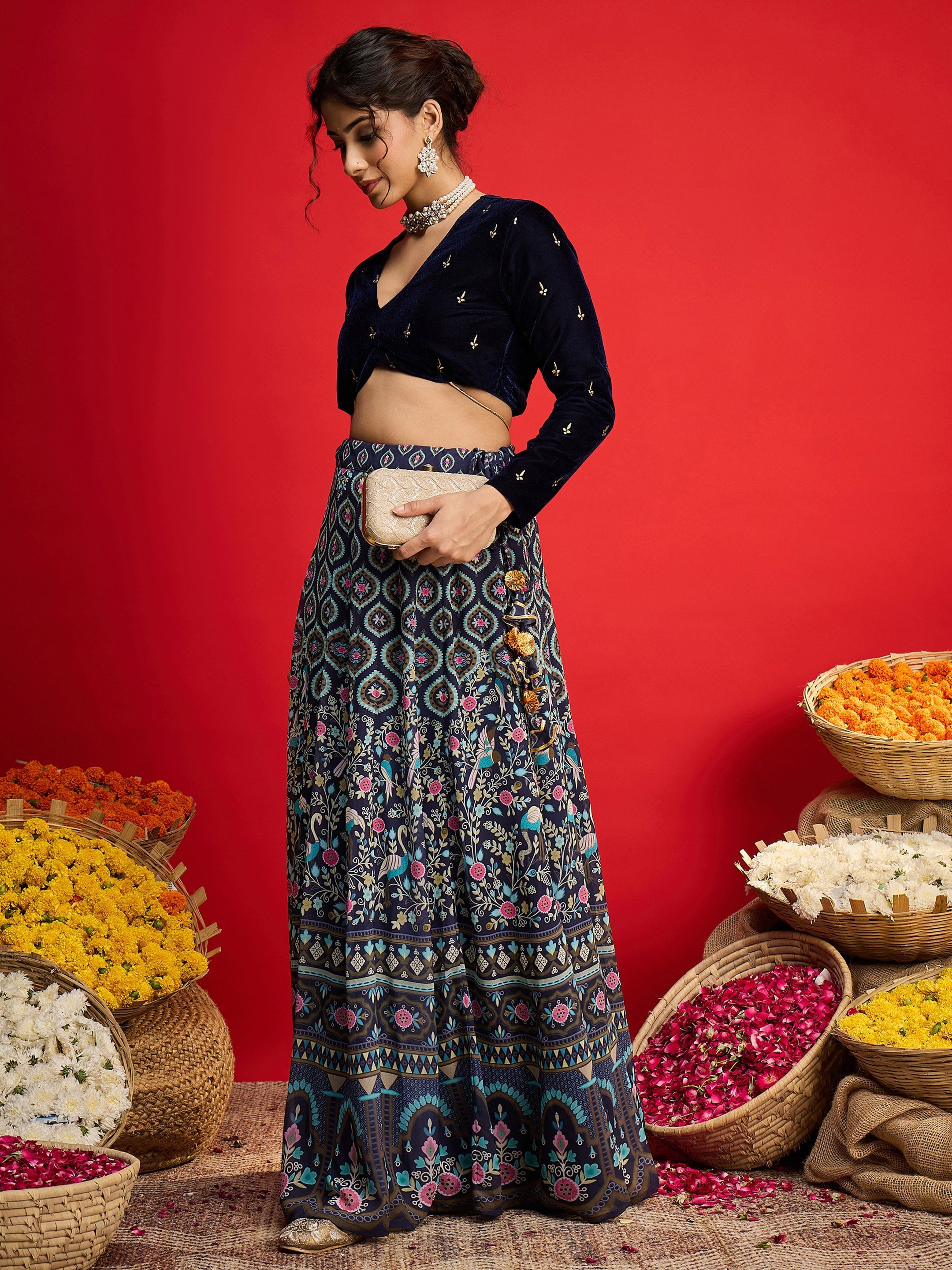 Women Navy Velvet Crop Top With Anarkali Skirt-SHSET96598