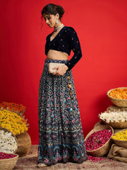 Women Navy Velvet Crop Top With Anarkali Skirt-SHSET96598