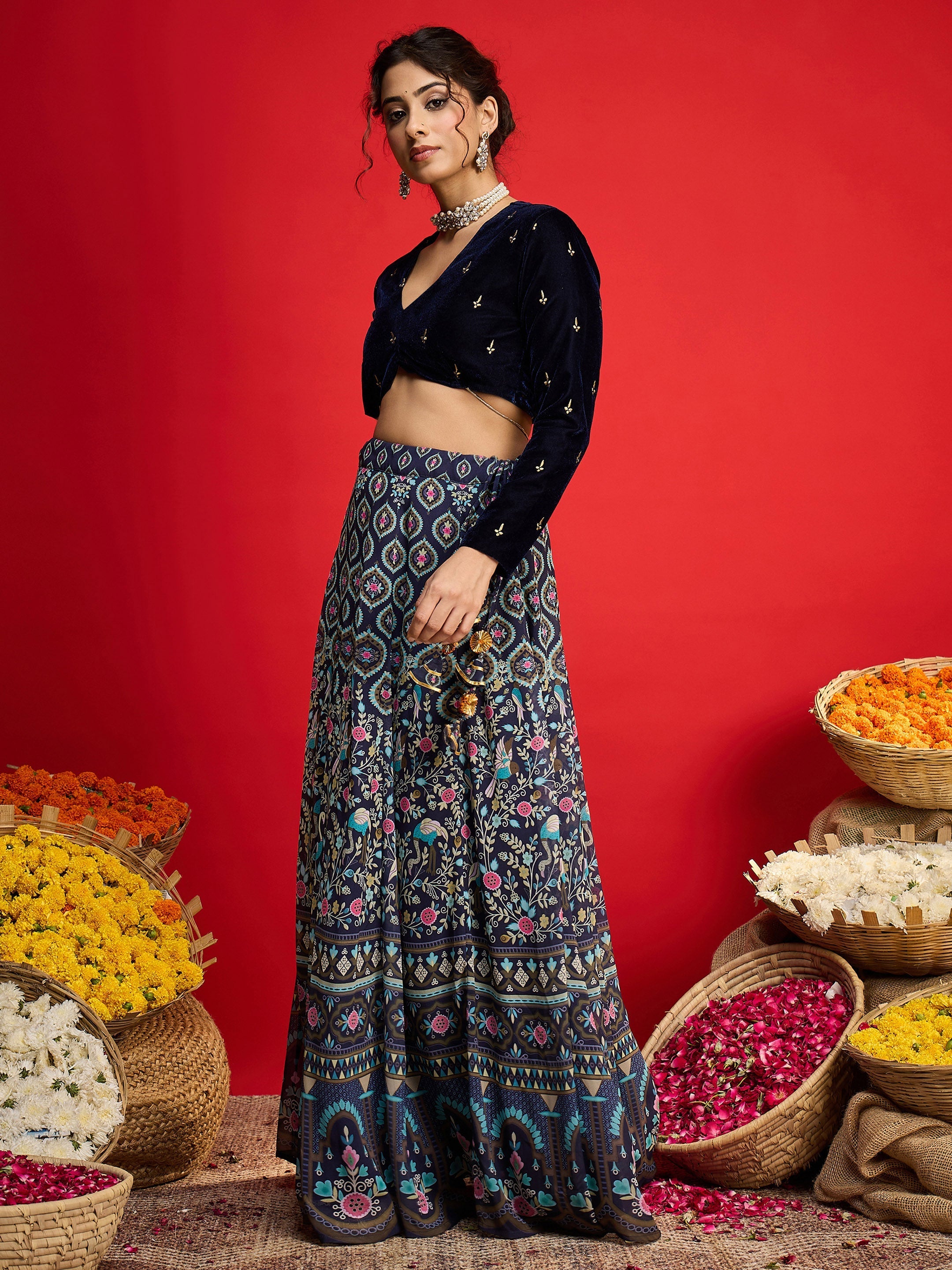 Women Navy Velvet Crop Top With Anarkali Skirt-SHSET96598