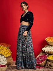 Women Navy Velvet Crop Top With Anarkali Skirt-SHSET96598