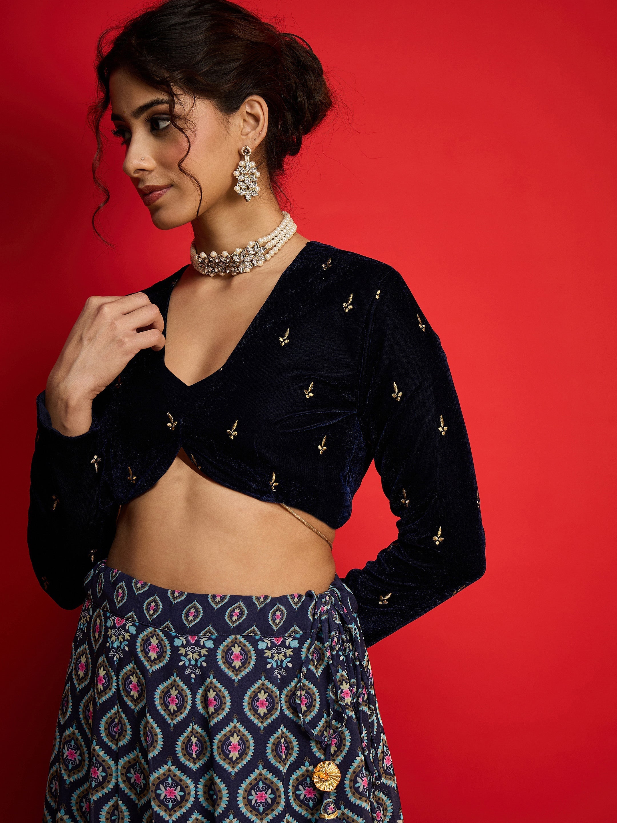Women Navy Velvet Crop Top With Anarkali Skirt-SHSET96598