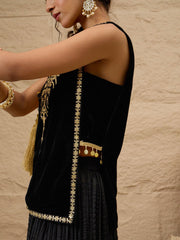 Women Black Velvet Sleeveless Top With Pleated Skirt