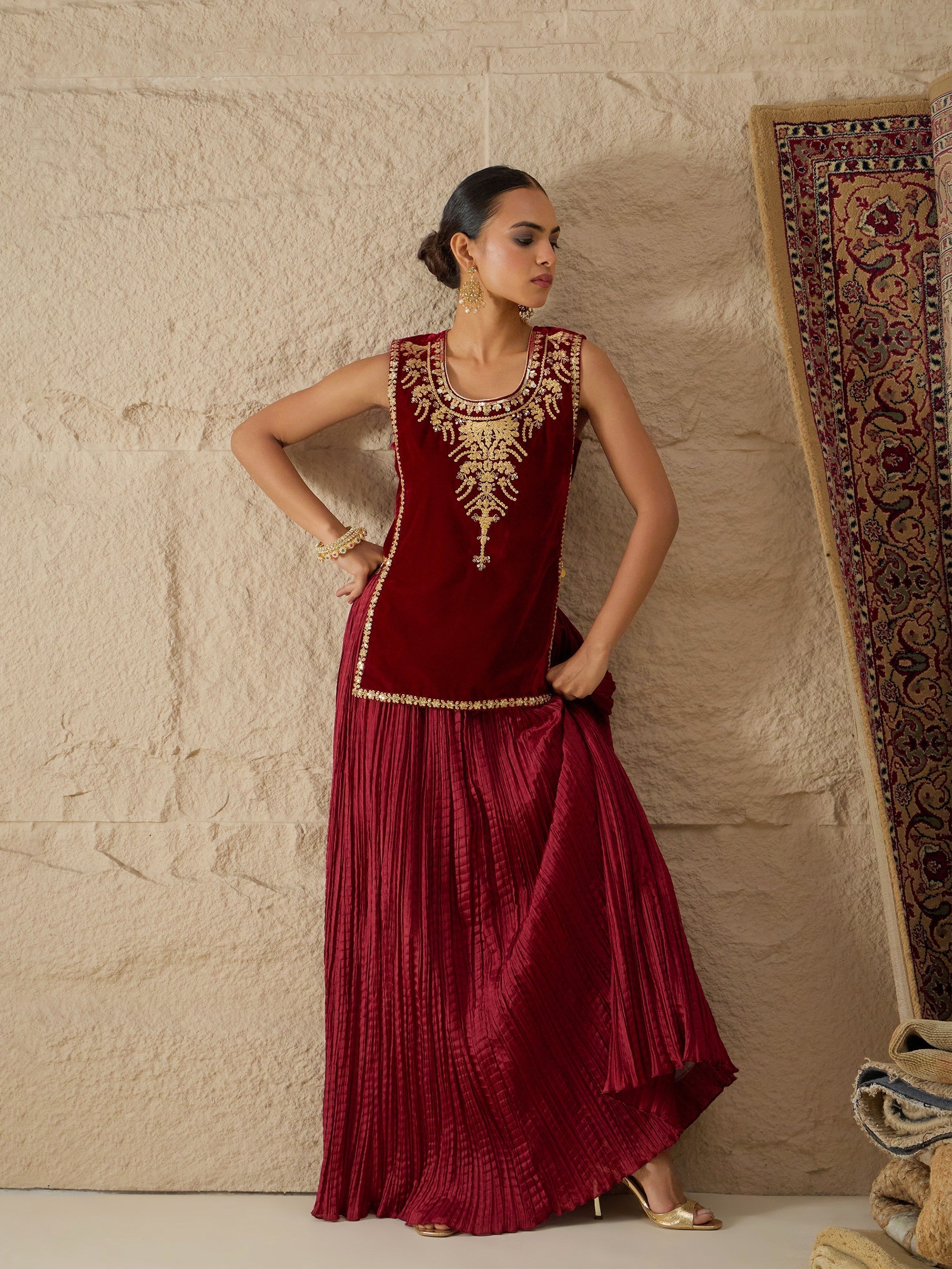 DesiQlo Maroon Velvet Sleeveless Top With Pleated Skirt - Maroon