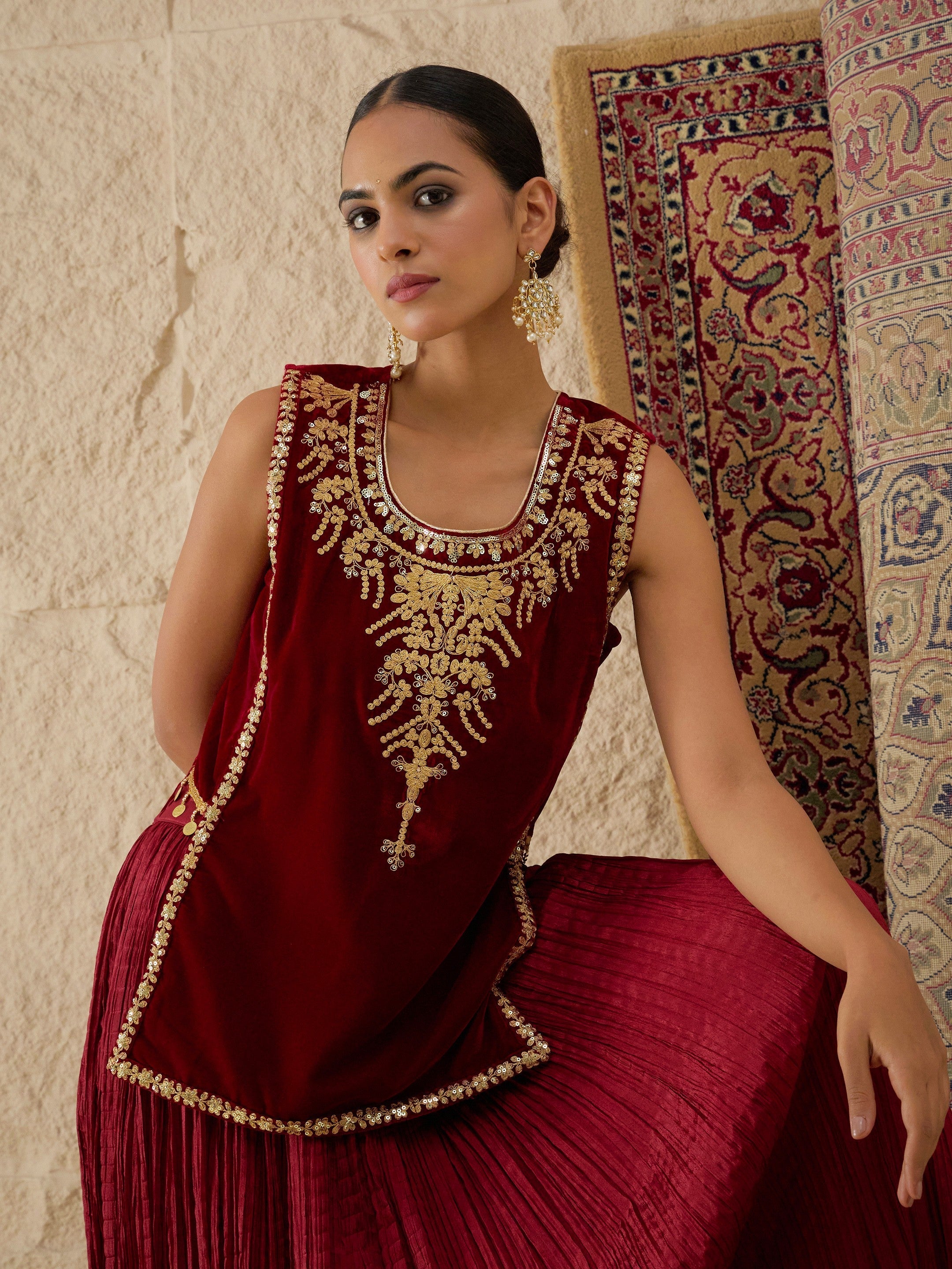 DesiQlo Maroon Velvet Sleeveless Top With Pleated Skirt - Maroon