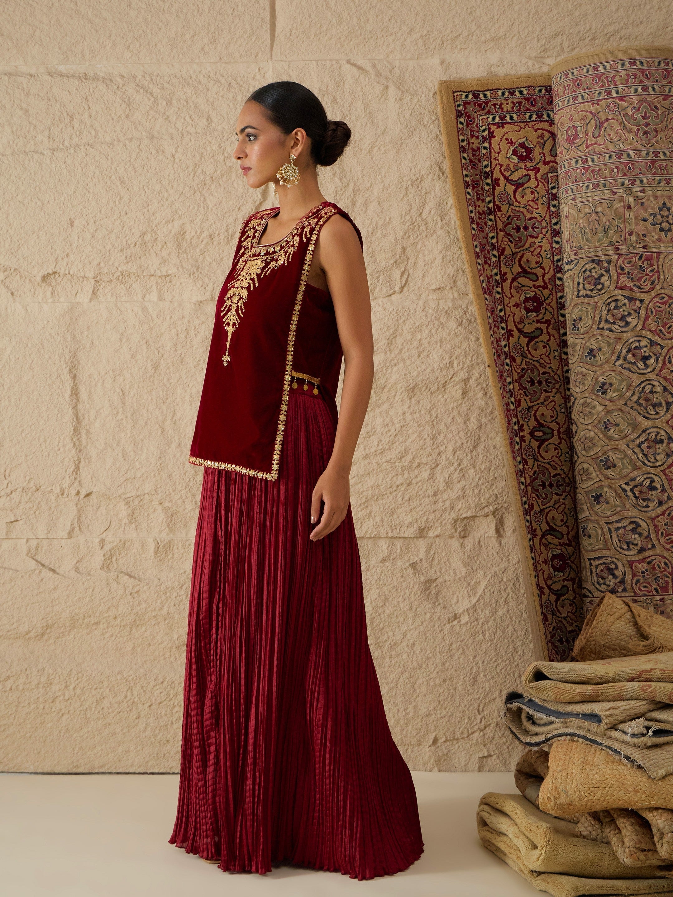 DesiQlo Maroon Velvet Sleeveless Top With Pleated Skirt - Maroon