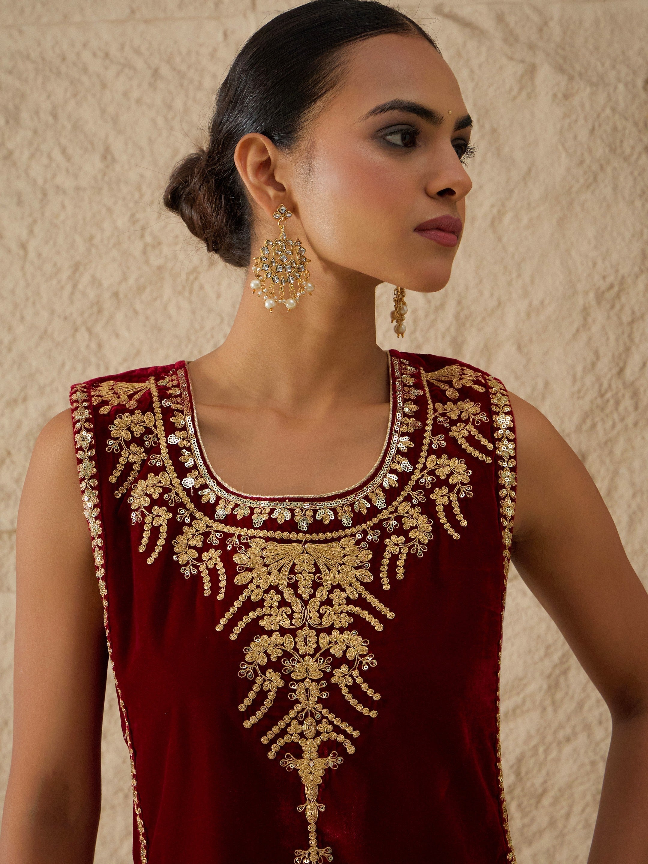 DesiQlo Maroon Velvet Sleeveless Top With Pleated Skirt - Maroon