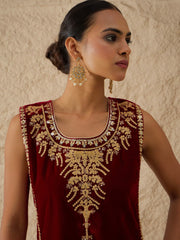 Women Maroon Velvet Sleeveless Top With Pleated Skirt
