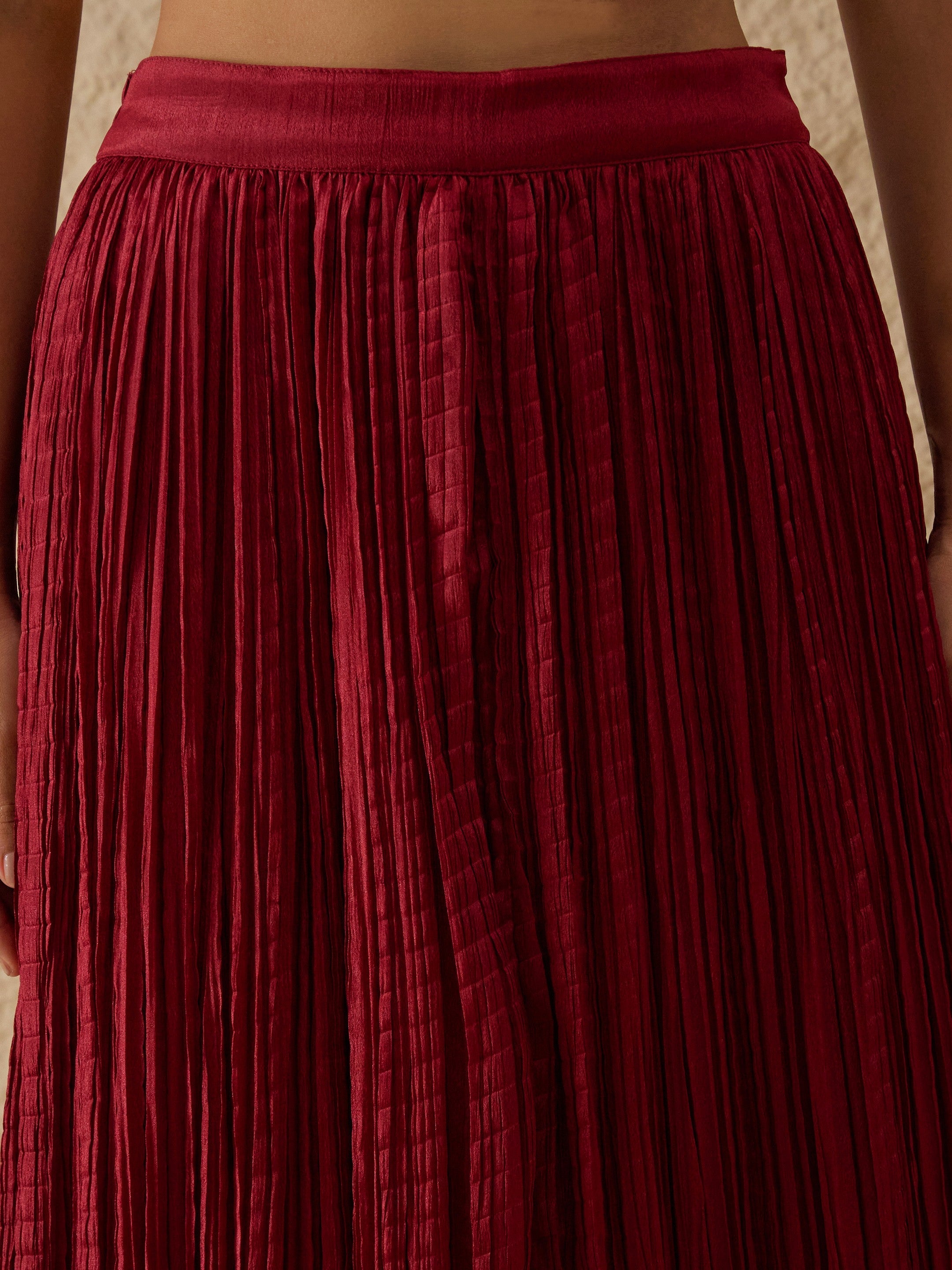 DesiQlo Maroon Velvet Sleeveless Top With Pleated Skirt - Maroon