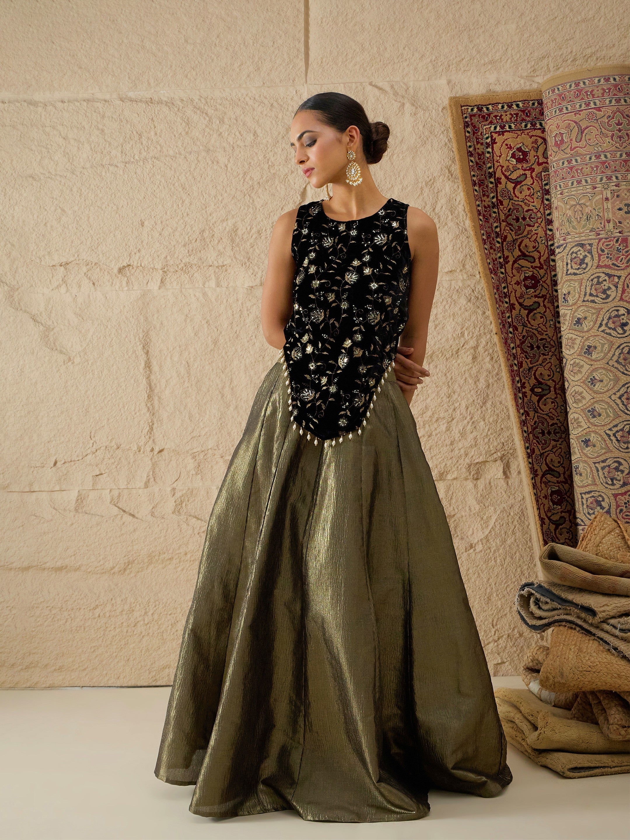 DesiQlo Black Velvet Top With Crinkled Anarkali Skirt - Black