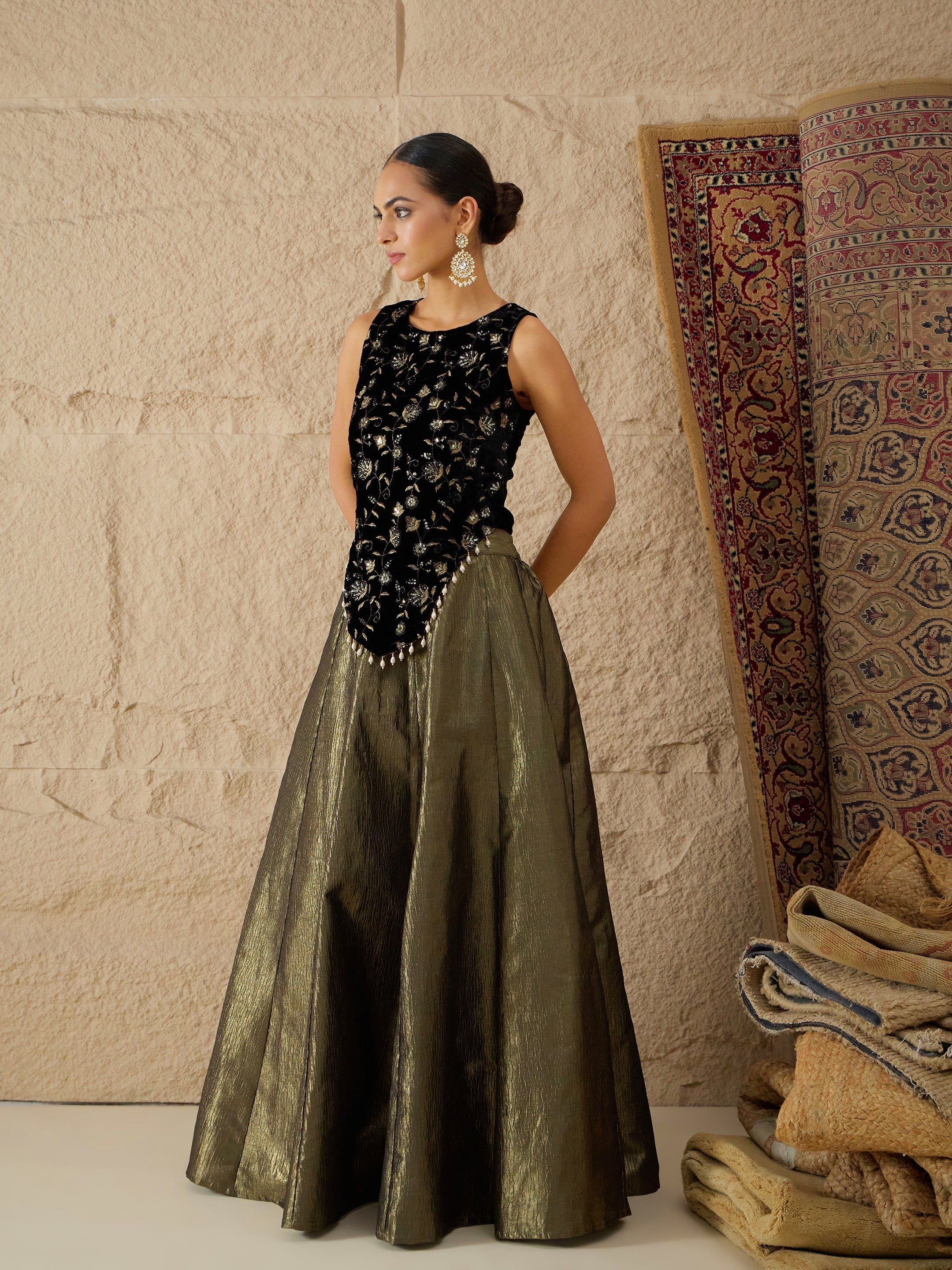 DesiQlo Black Velvet Top With Crinkled Anarkali Skirt - Black