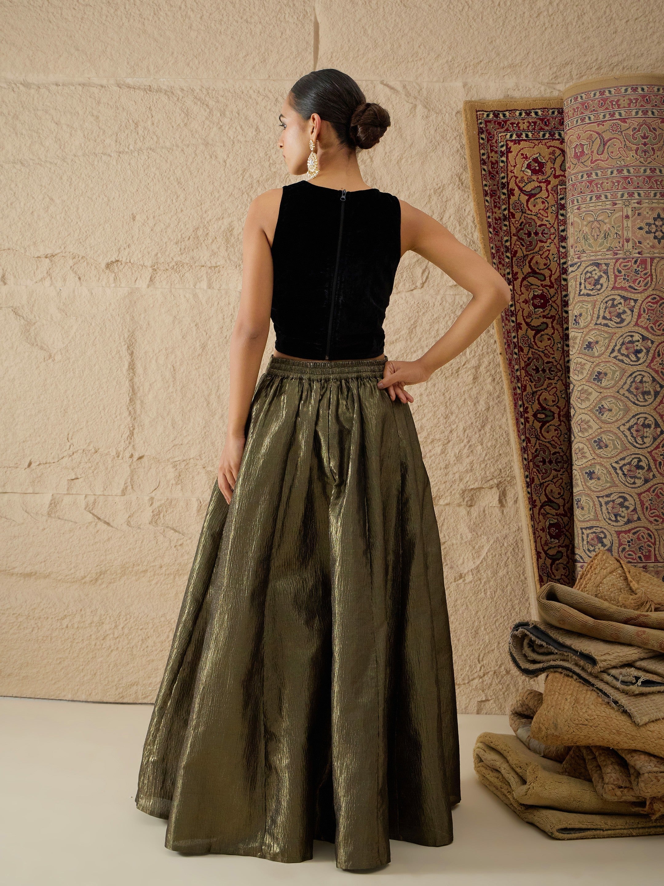 DesiQlo Black Velvet Top With Crinkled Anarkali Skirt - Black