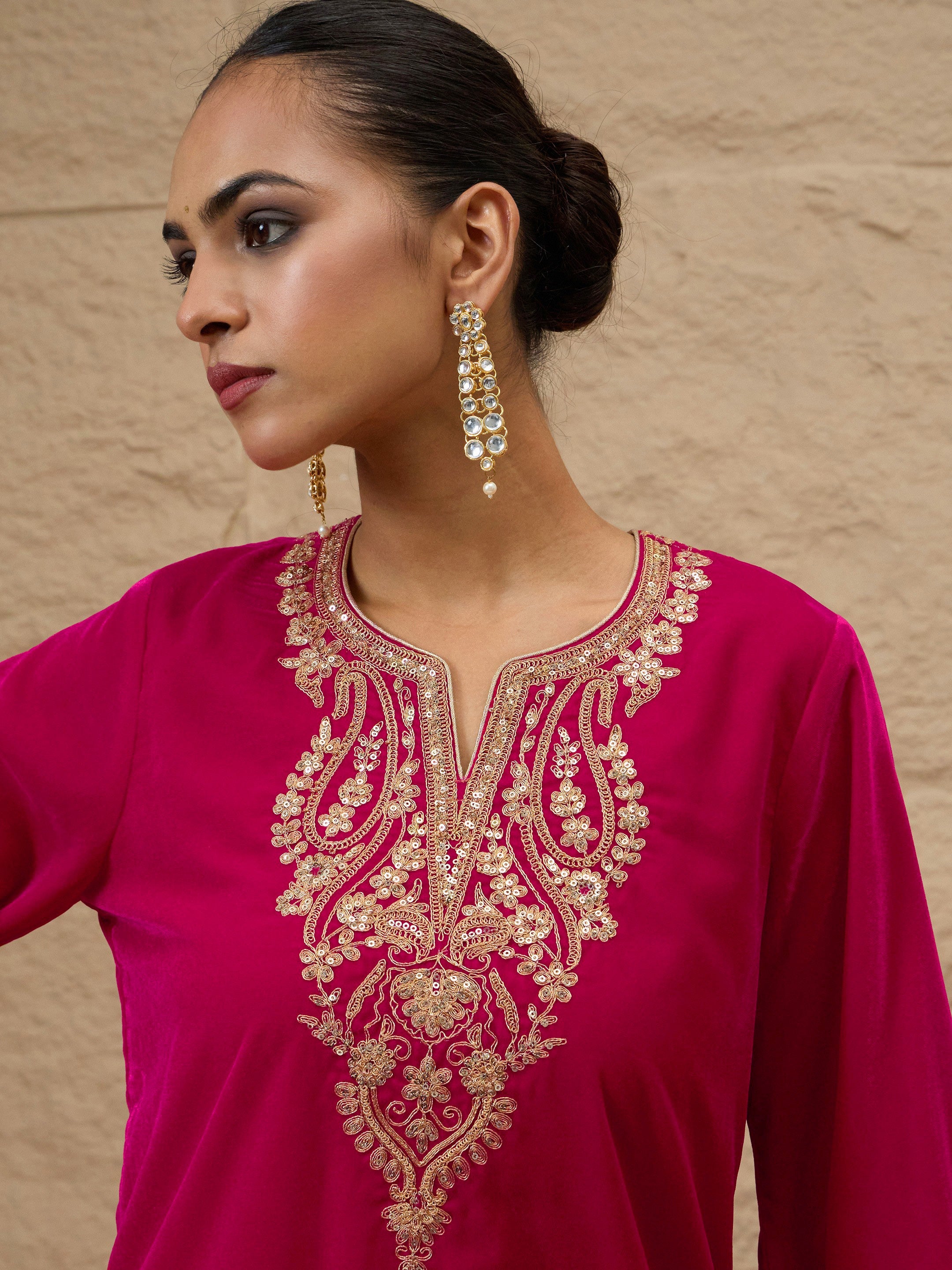 DesiQlo Fuchsia Velvet Embroidered Short Kurta With Farshi Salwar