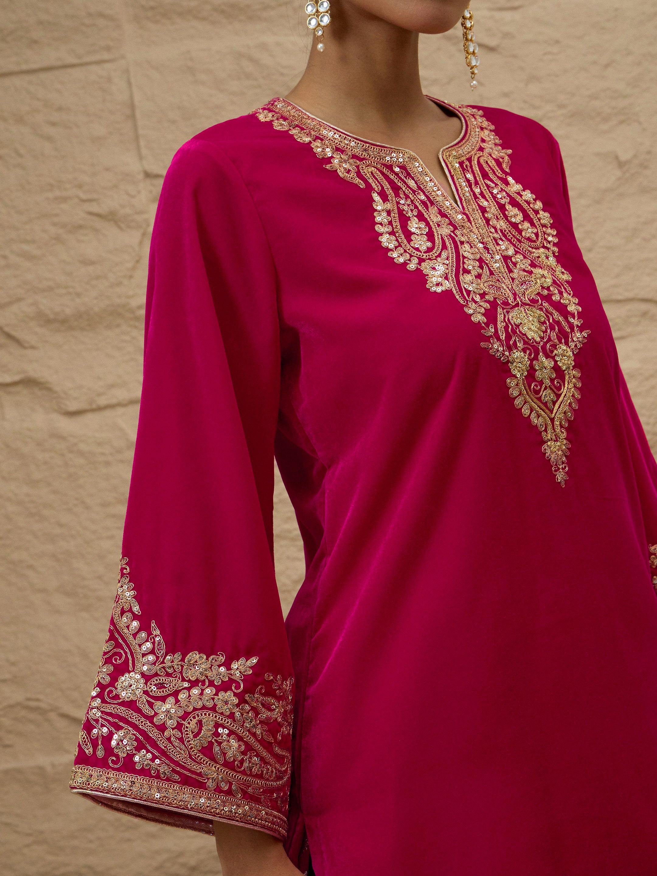 DesiQlo Fuchsia Velvet Embroidered Short Kurta With Farshi Salwar