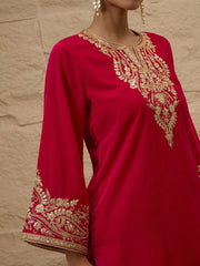 Women Fuchsia Velvet Embroidered Short Kurta With Farshi Salwar-SHSET96614XS