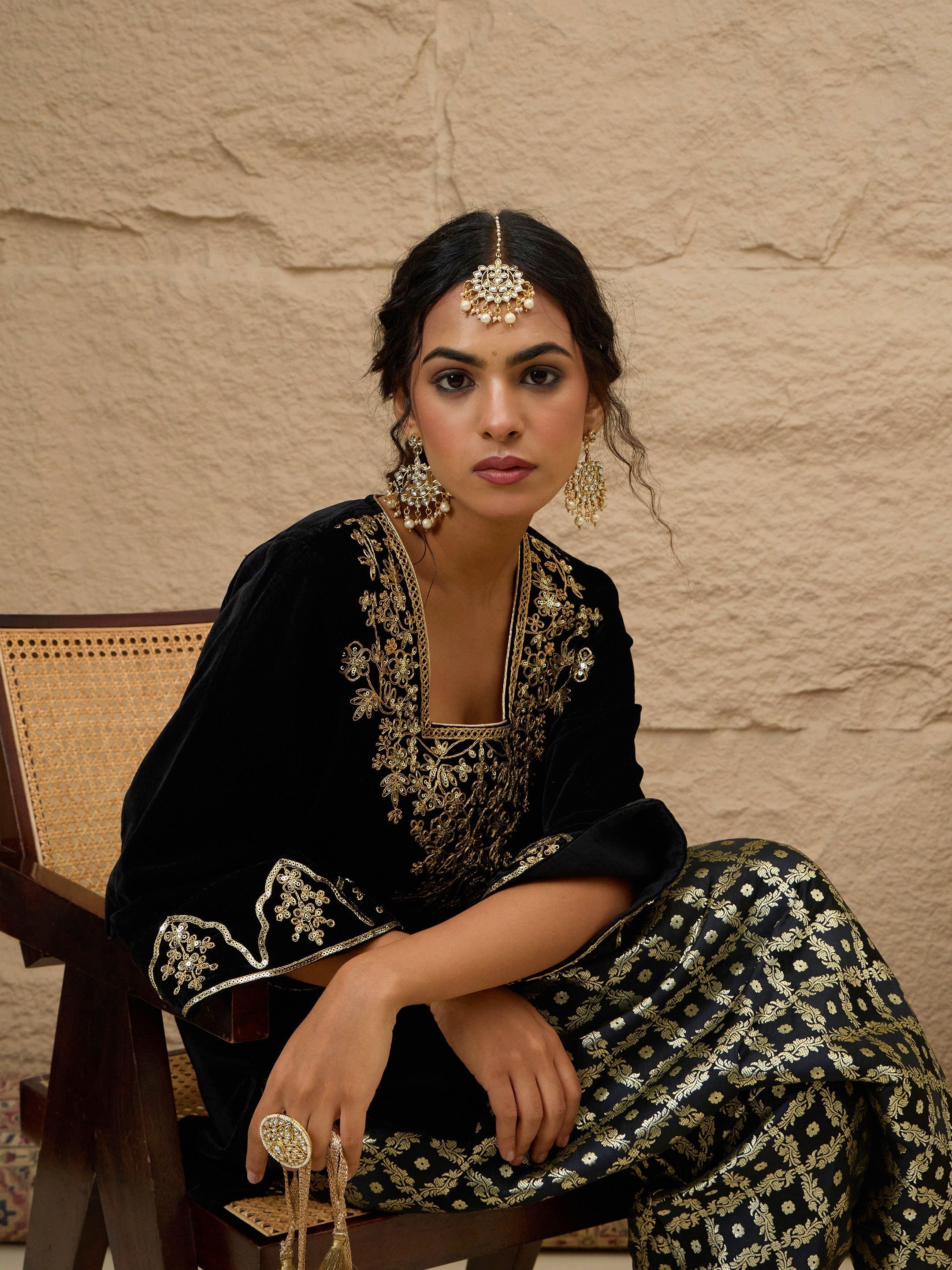 DesiQlo Black Velvet Embroidered Short Kurta With Farshi Salwar -