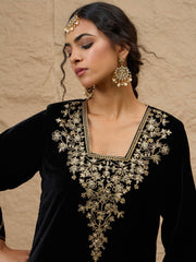 Women Black Velvet Embroidered Short Kurta With Farshi Salwar-SHSET96616XS