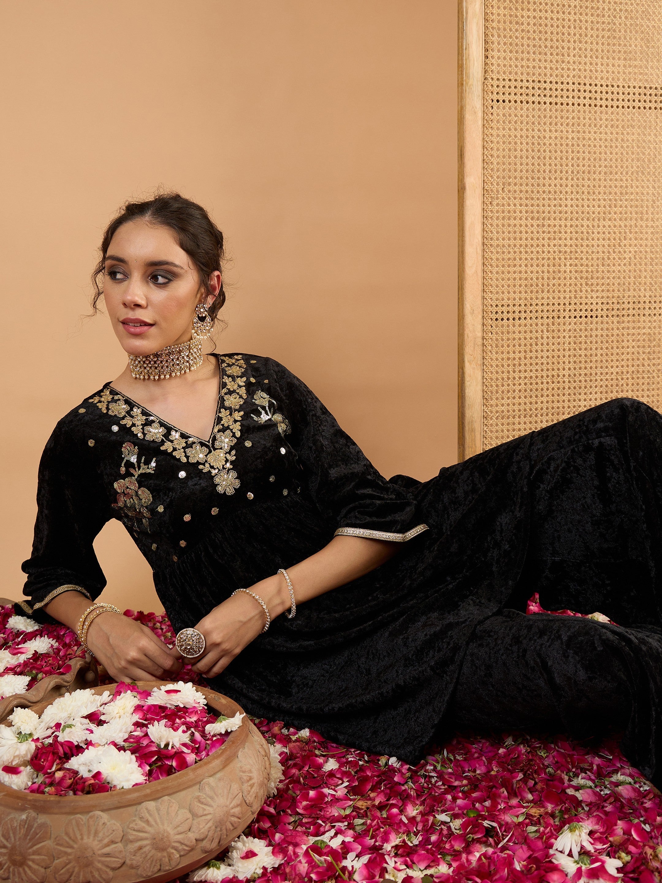 Women Black Velvet Embroidered V Neck Peplum Top With Palazzos-SHSET96640