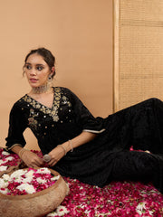 Women Black Velvet Embroidered V Neck Peplum Top With Palazzos-SHSET96640