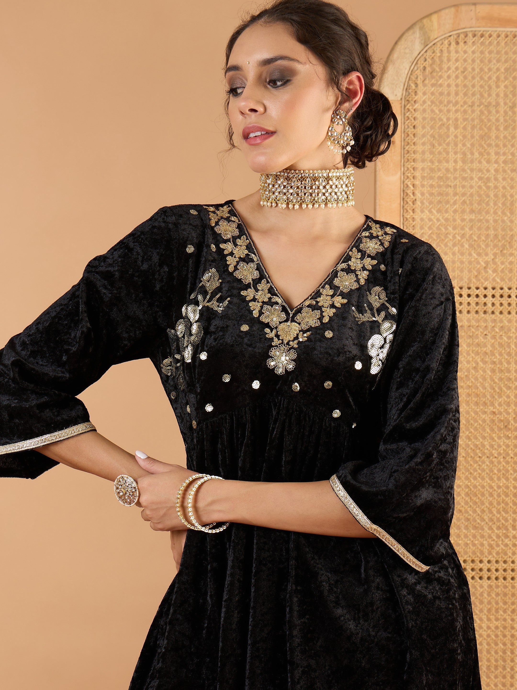 Women Black Velvet Embroidered V Neck Peplum Top With Palazzos-SHSET96640