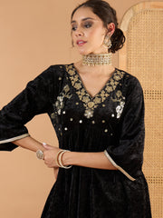 Women Black Velvet Embroidered V Neck Peplum Top With Palazzos-SHSET96640
