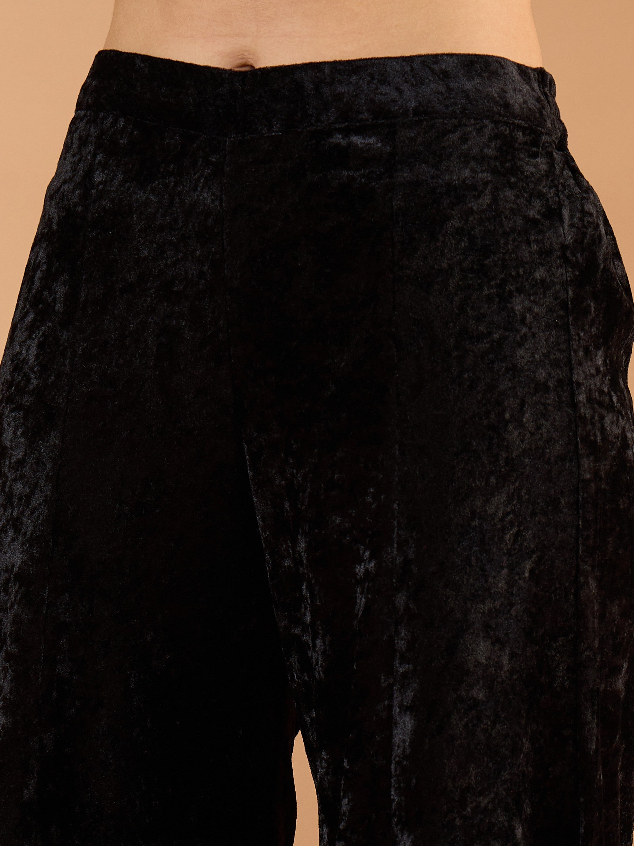 Women Black Velvet Embroidered V Neck Peplum Top With Palazzos-SHSET96640