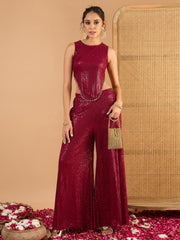 Women Maroon Sequence Top With A-Line Palazzos-SHSET96641