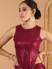 Women Maroon Sequence Top With A-Line Palazzos-SHSET96641