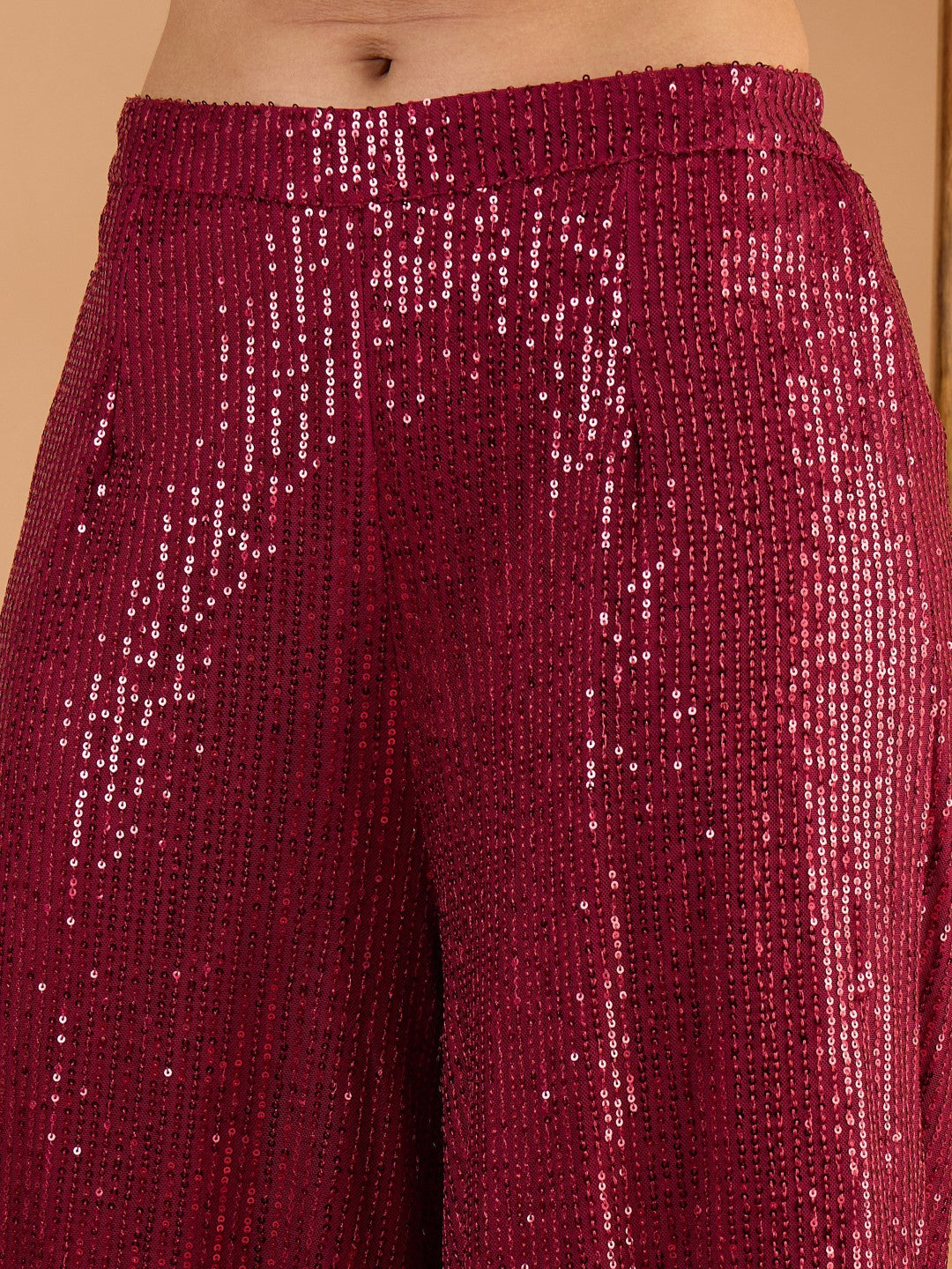 Women Maroon Sequence Top With A-Line Palazzos-SHSET96641