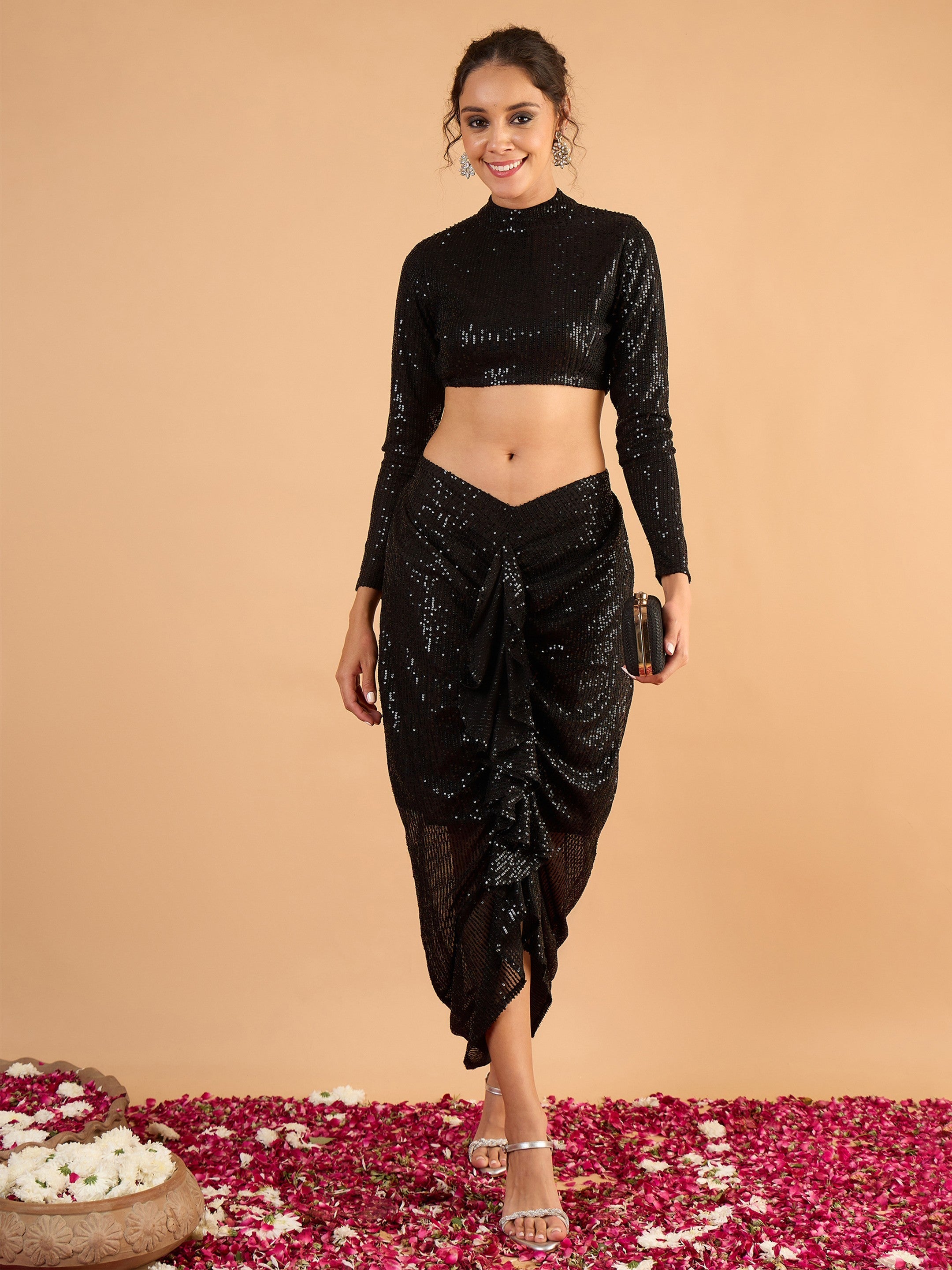 Women Black sequence Crop Top With Front Frill Skirt-SHSET96644