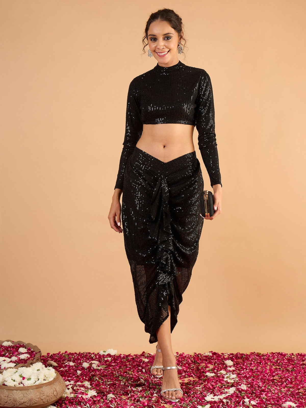 Women Black sequence Crop Top With Front Frill Skirt-SHSET96644