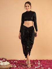 Women Black sequence Crop Top With Front Frill Skirt-SHSET96644