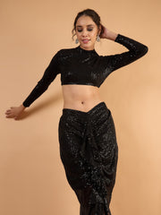 Women Black sequence Crop Top With Front Frill Skirt-SHSET96644