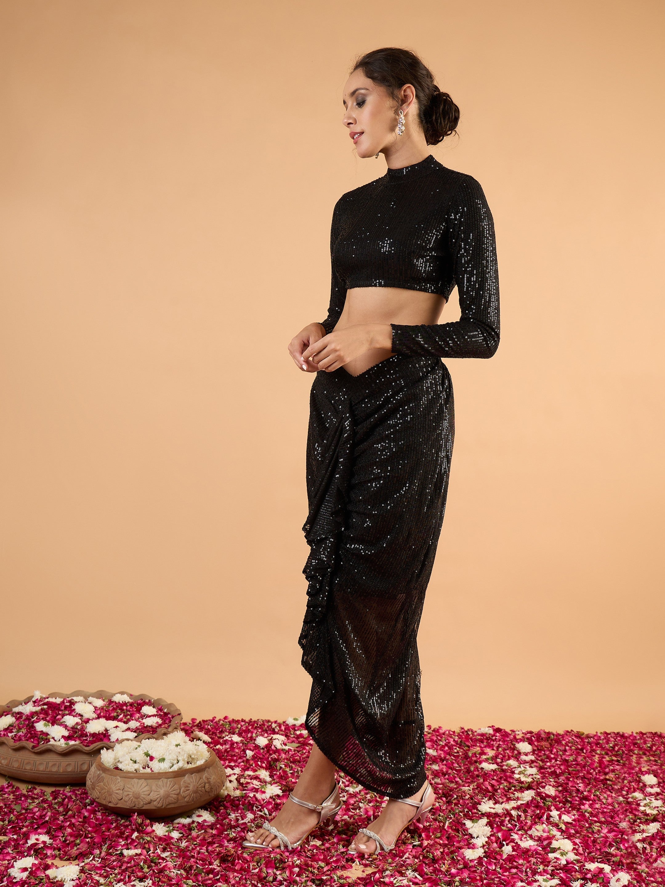 Women Black sequence Crop Top With Front Frill Skirt-SHSET96644