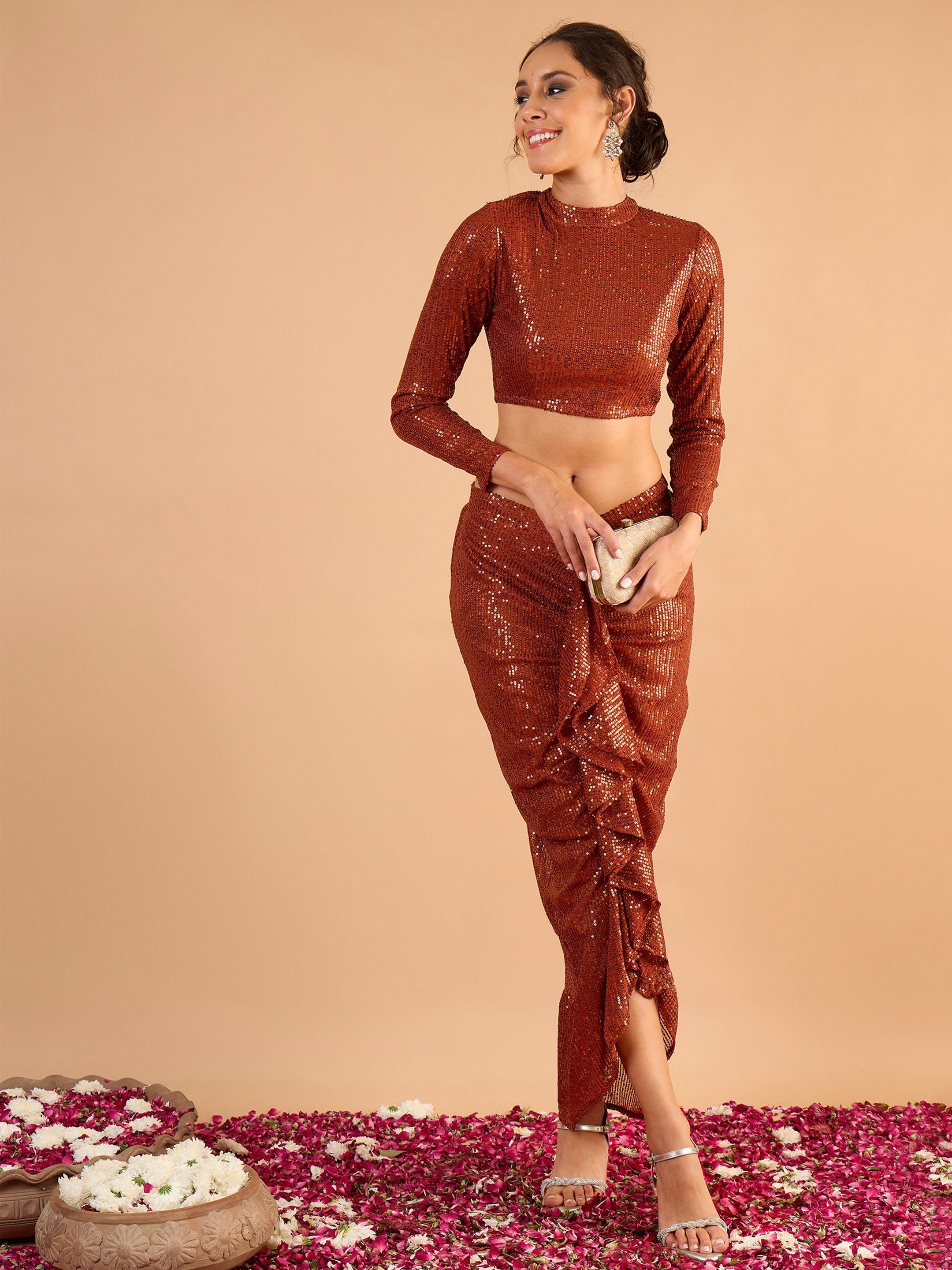 Women Rust sequence Crop Top With Front Frill Skirt-SHSET96645