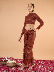 Women Rust sequence Crop Top With Front Frill Skirt-SHSET96645