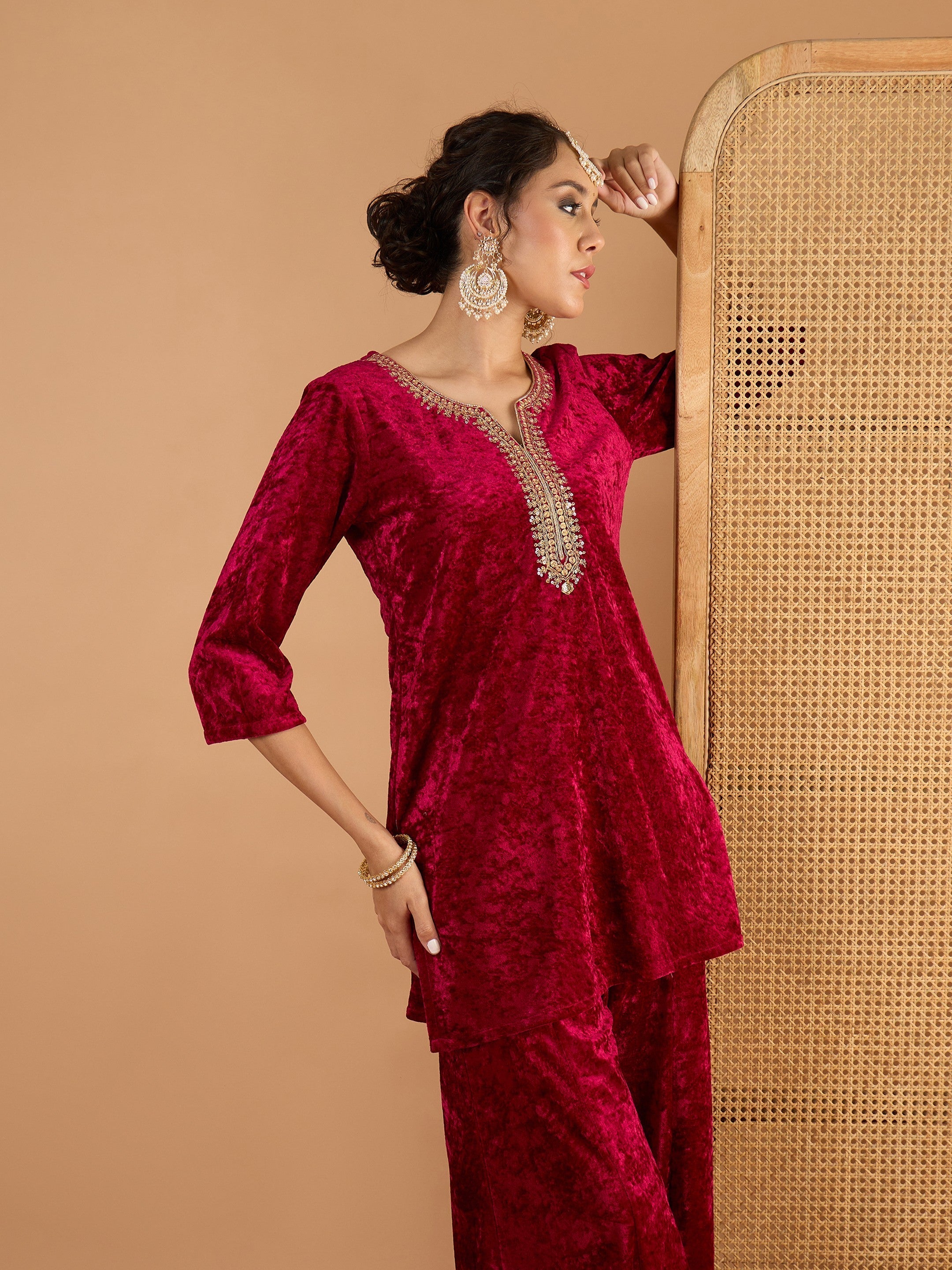 Women Fuchsia Velvet Embroidered Short Kurta With Palazzos-SHSET96646
