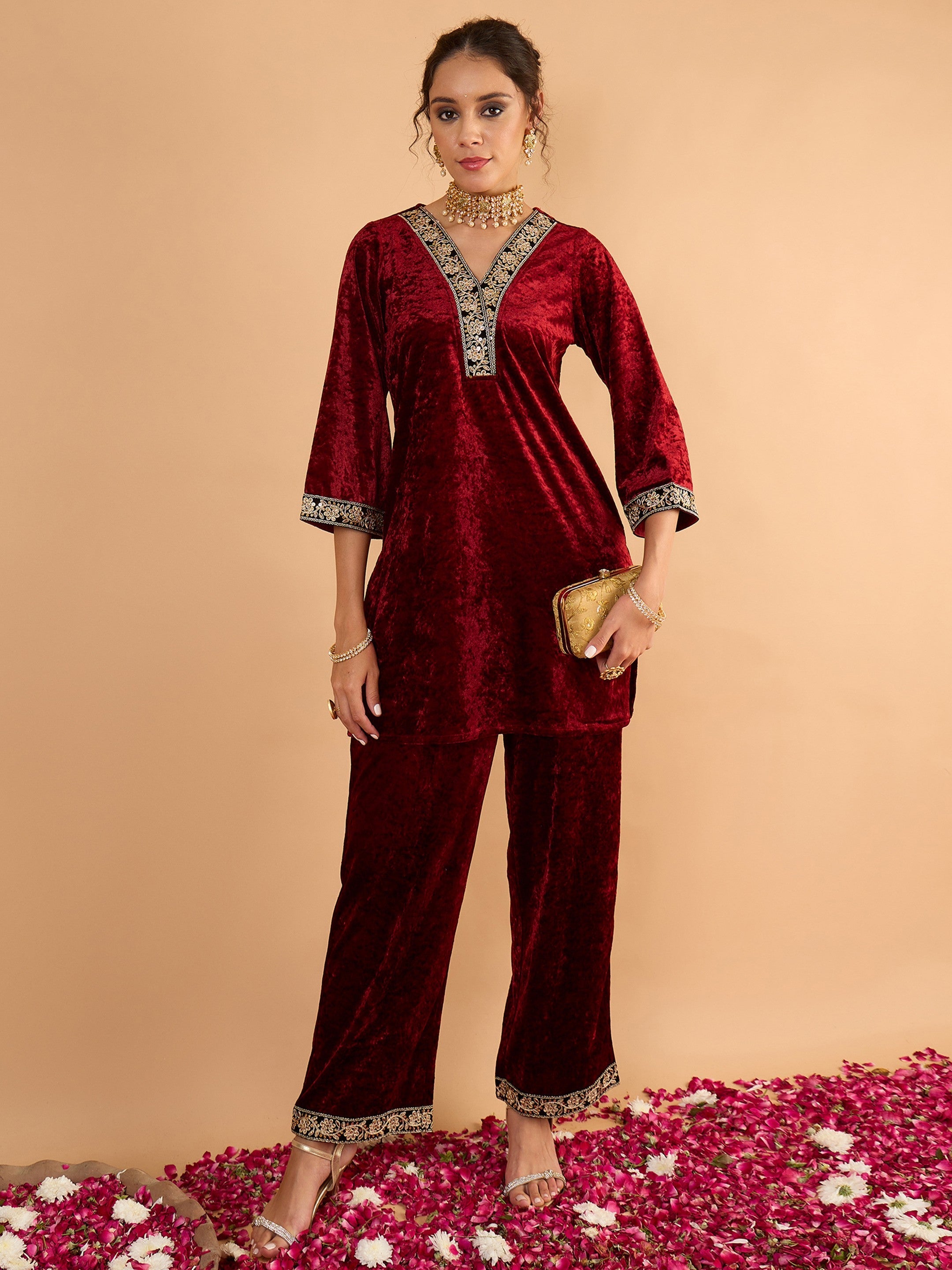 Women Maroon Velvet Embroidered Short Kurta With Straight Pants-SHSET96647