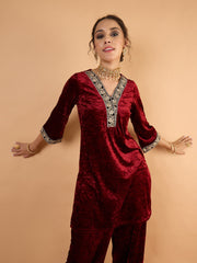 Women Maroon Velvet Embroidered Short Kurta With Straight Pants-SHSET96647