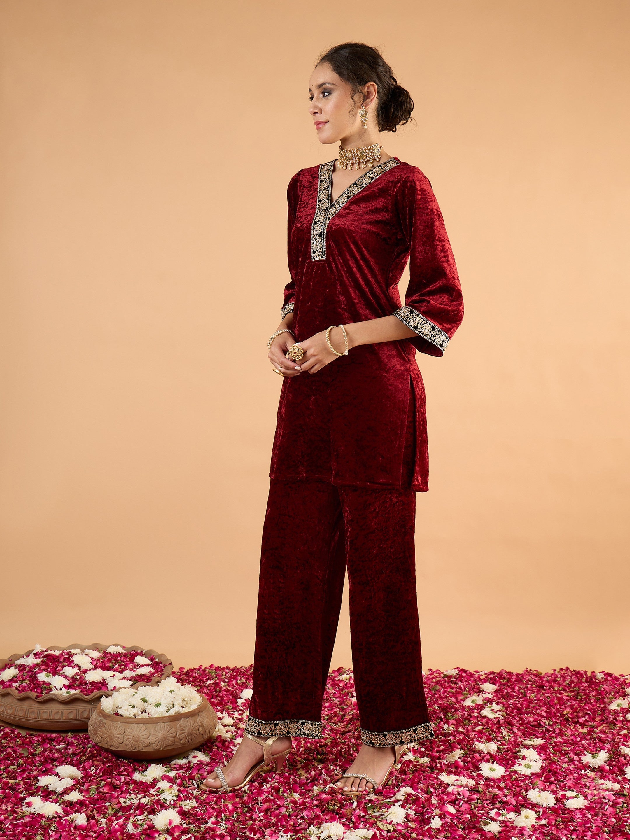 Women Maroon Velvet Embroidered Short Kurta With Straight Pants-SHSET96647